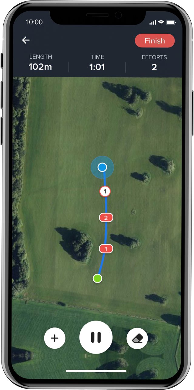 The app recording a course, showing the effort count, length and time.